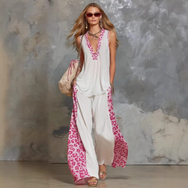 Women's Leopard-Print Patchwork Tank Top Fashion Brand Stylish Set