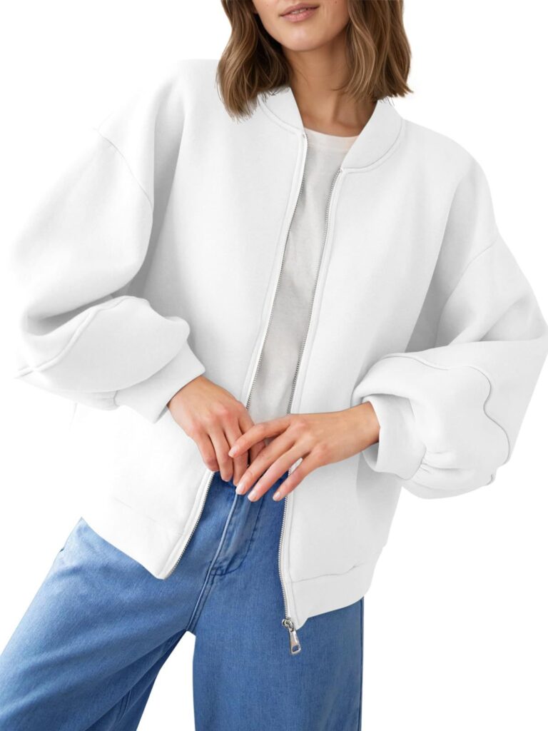 Fisoew Womens Zip Up Sweatshirt Casual Bomber Jacket Lantern Sleeve Oversized Jacket Fall Outfits 2025
