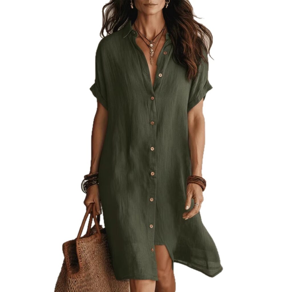 Women's Short-sleeve Buttoned Midi Shirt Dress