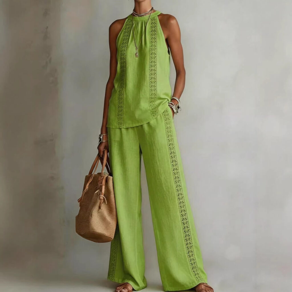 Womens Retro Lace Sleeveless Top And Wide-Leg Pants Two-Piece Set