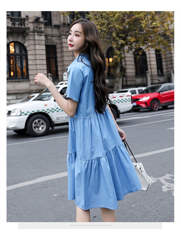 Single-breasted Pocketed Short-sleeve Denim Dress - Image 10