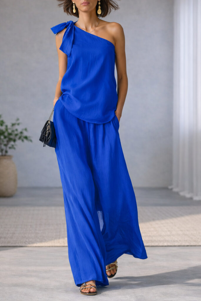 Sleeveless One-shoulder Top With Tie Detail And Wide-leg Pants