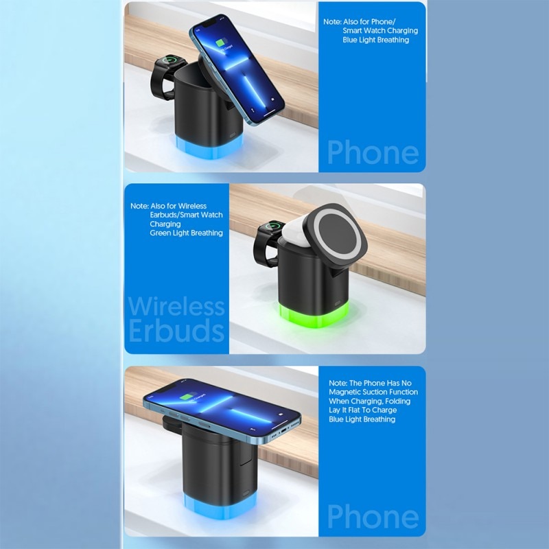3 In 1 Magnetic Wireless Fast Charger For Smart Phone RGB Ambient Light Charging Station For Airpods IWatch - Image 15
