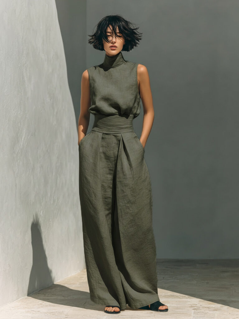 Womens Simple Cotton-Linen Blend Sleeveless Top And Wide-Leg Pants