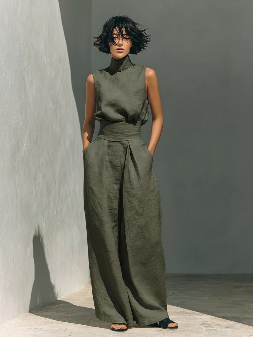Womens Simple Cotton-Linen Blend Sleeveless Top And Wide-Leg Pants - Image 2