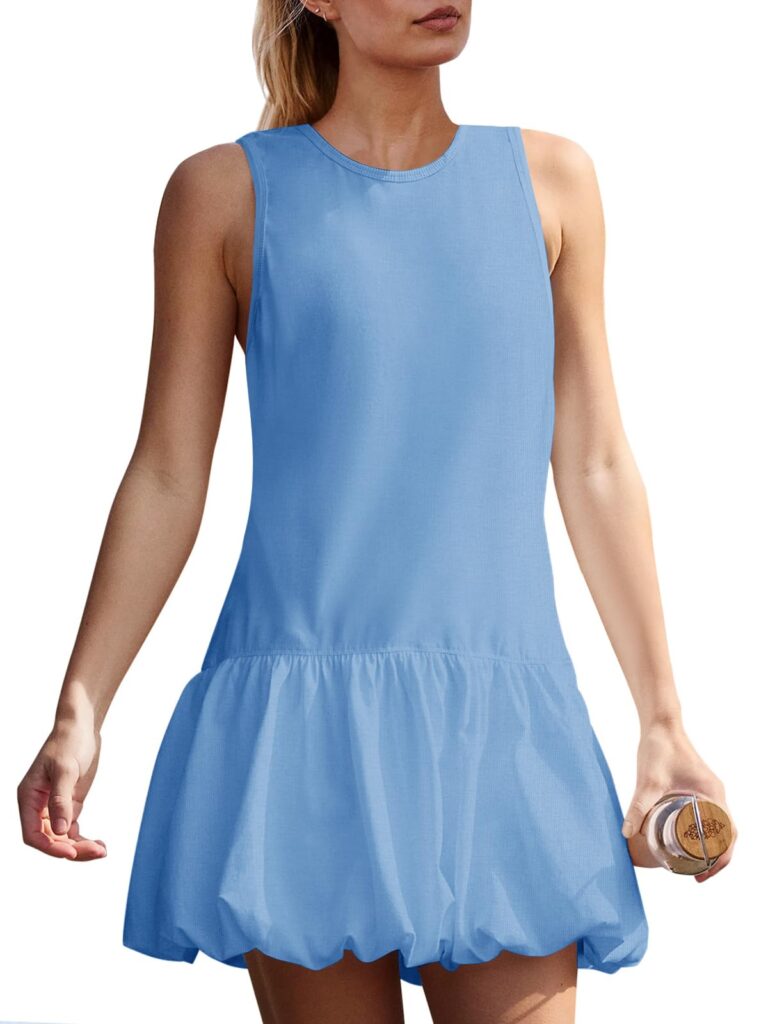 Fisoew Womens Athletic Dresses With Shorts & Pockets Backless Tennis Golf Mini Dress Bubble Hem Workout Active Outfits
