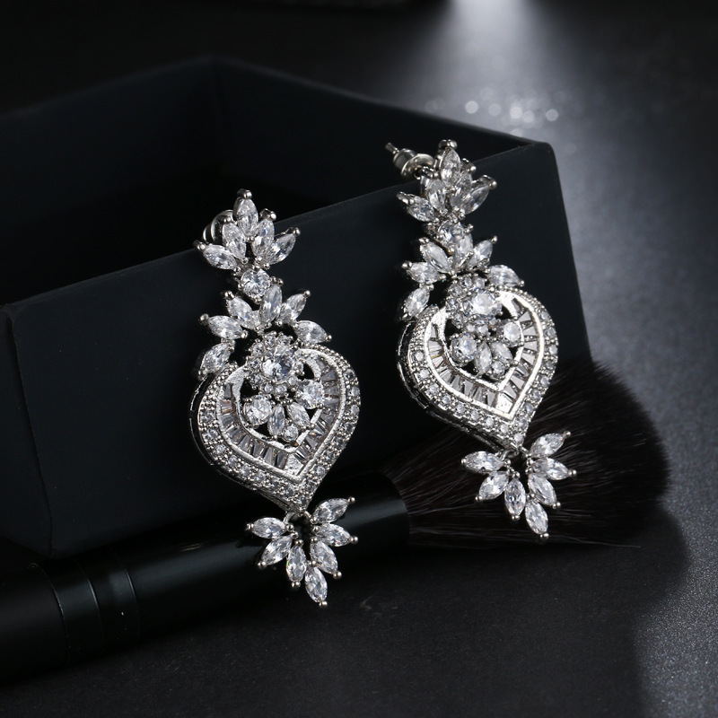 Ose Gold Luxury Big Long Flower Pendant Drop Earrings With Shining CZ Brincos Bridal Women Wedding Jewelry - Image 1