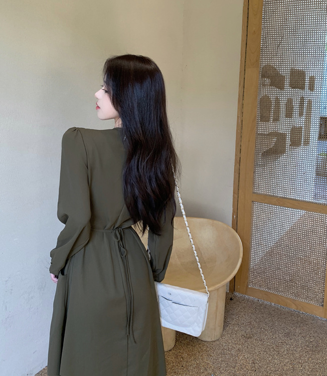 Elegant Long Sleeve V Neck Solid Color Dress - Image 14
