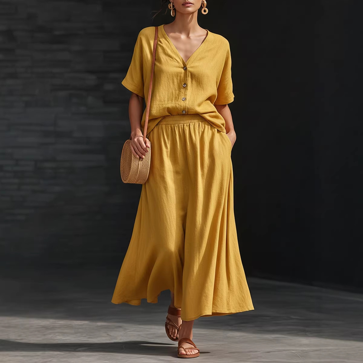 Cotton-linen V-neck Button-up Short-sleeve Top And Skirt Set - Image 1