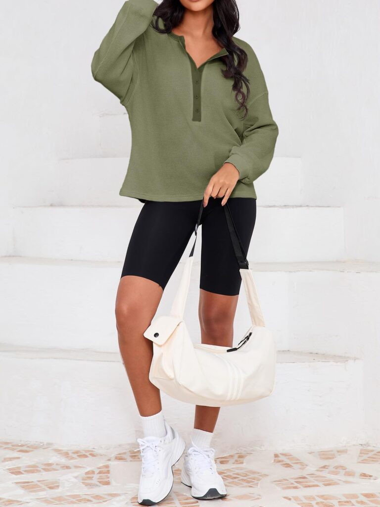 Fisoew Womens Cropped Sweatshirt Casual Waffle Knit Button V Neck Long Sleeve Loose Fit Fall Crop Tops
