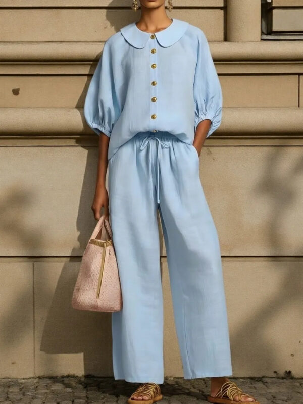 Fashionable Collar Shirt And Wide-Leg Pants Linen Two-Piece Set - Image 2