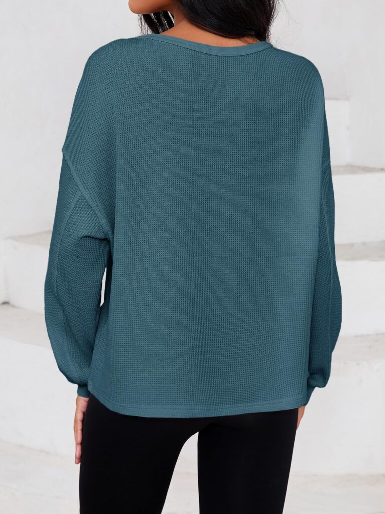 Fisoew Womens Cropped Sweatshirt Casual Waffle Knit Button V Neck Long Sleeve Loose Fit Fall Crop Tops