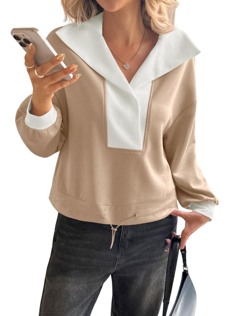 Fisoew Womens Cropped Oversized Sweatshirt Casual Lapel V Neck Long Sleeve Contrast Drawstring Loose Fit Fall Pullover Tops