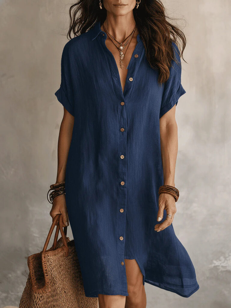 Women's Short-sleeve Buttoned Midi Shirt Dress