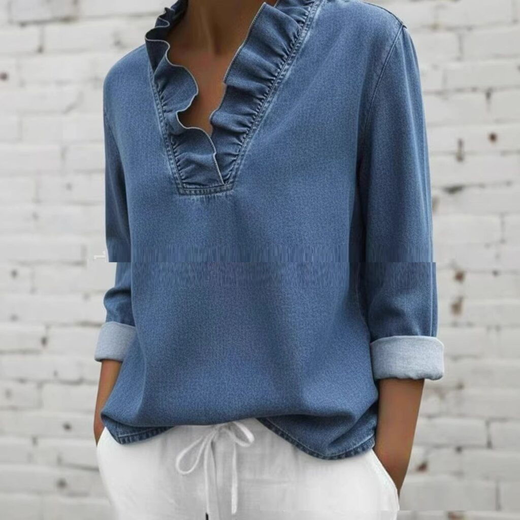Summer New Womens Denim Ruffle-Neck Long-Sleeve Shirt