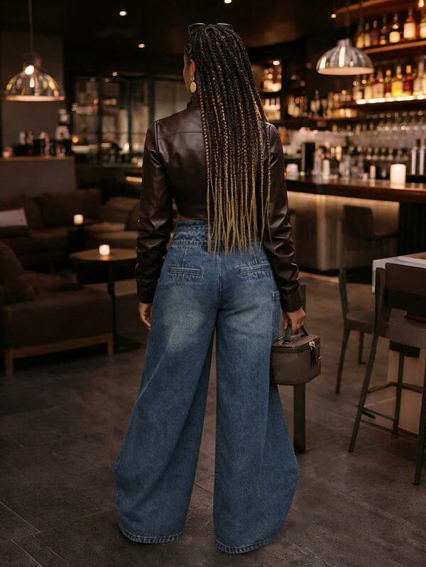 Retro High-waisted Cross-over Metal Buckle Irregular Wide-leg Pants - Image 4
