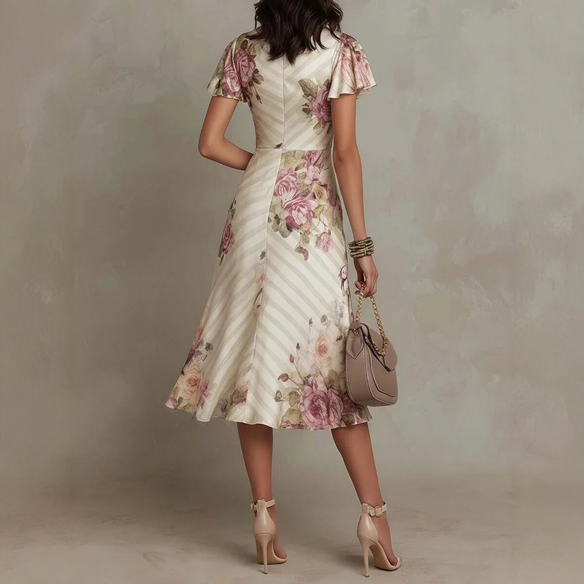 Printed V-neck Defined Waistline Ruffled Hem Dress - Image 3