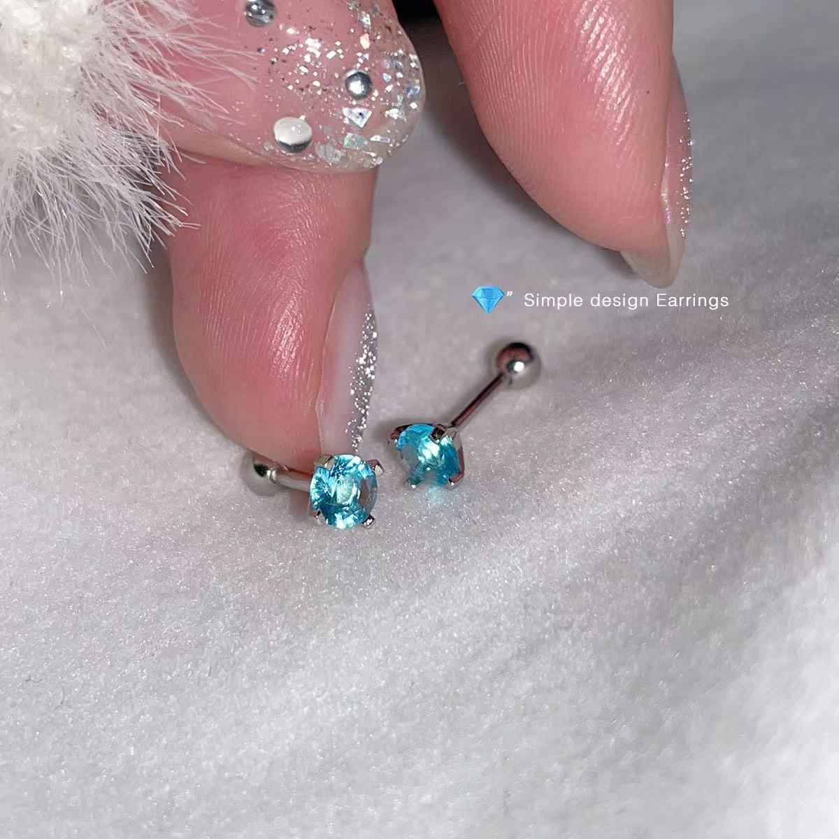 Titanium Steel Blue Zircon Four-Claw Threaded Earrings - Image 10