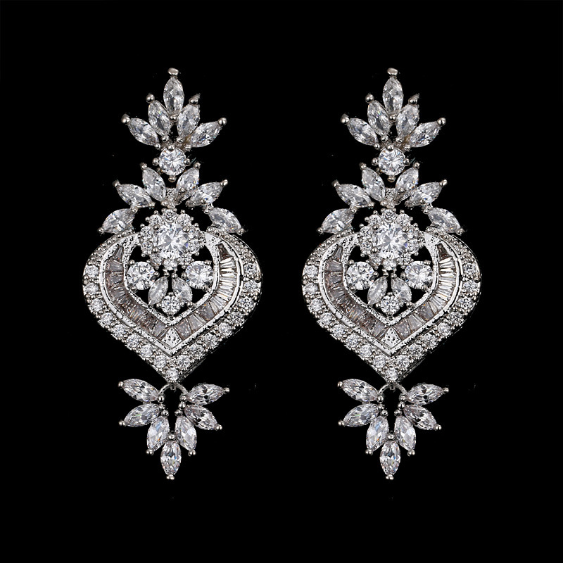 Ose Gold Luxury Big Long Flower Pendant Drop Earrings With Shining CZ Brincos Bridal Women Wedding Jewelry - Image 2