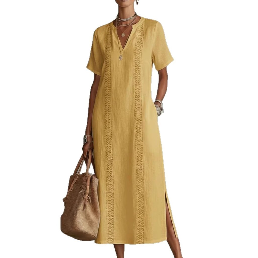Women's Retro Hollow-Out Lace V-Neck Cotton-Linen Dress