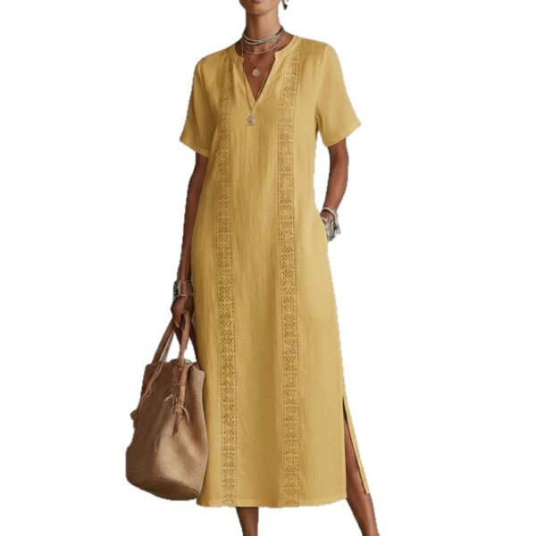 Women's Retro Hollow-Out Lace V-Neck Cotton-Linen Dress - Image 9