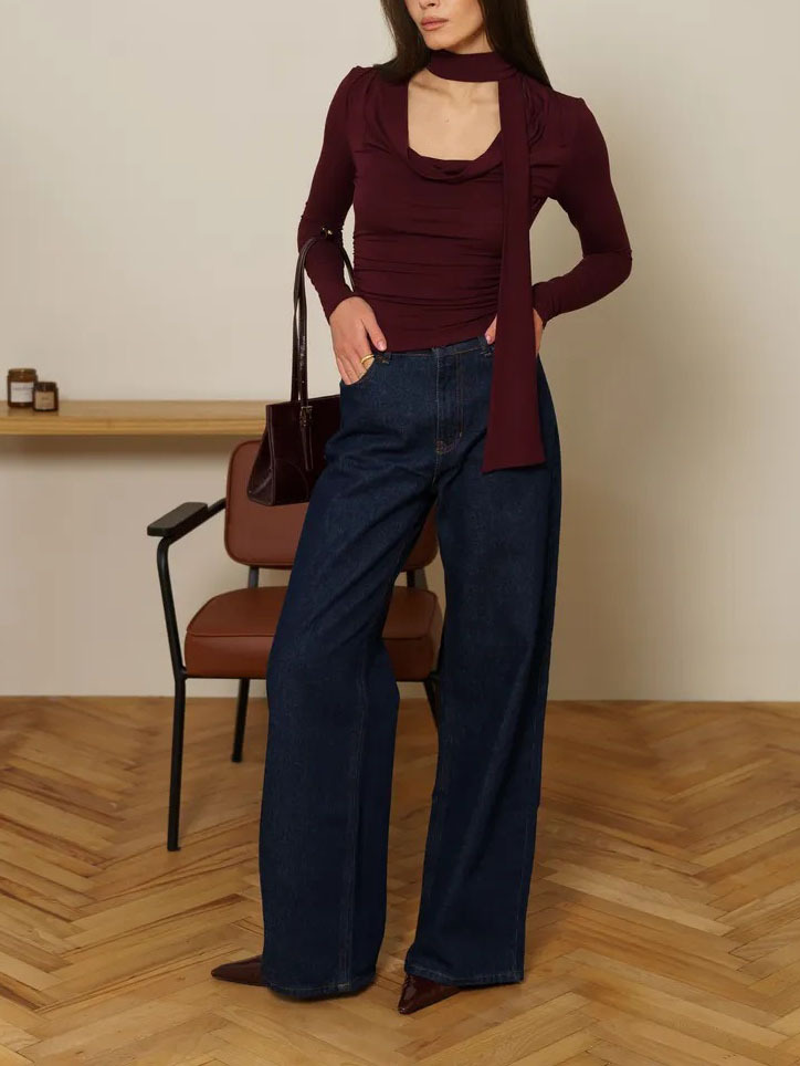 Ribbon V-neck Scarf Long-sleeved Base Shirt - Image 7