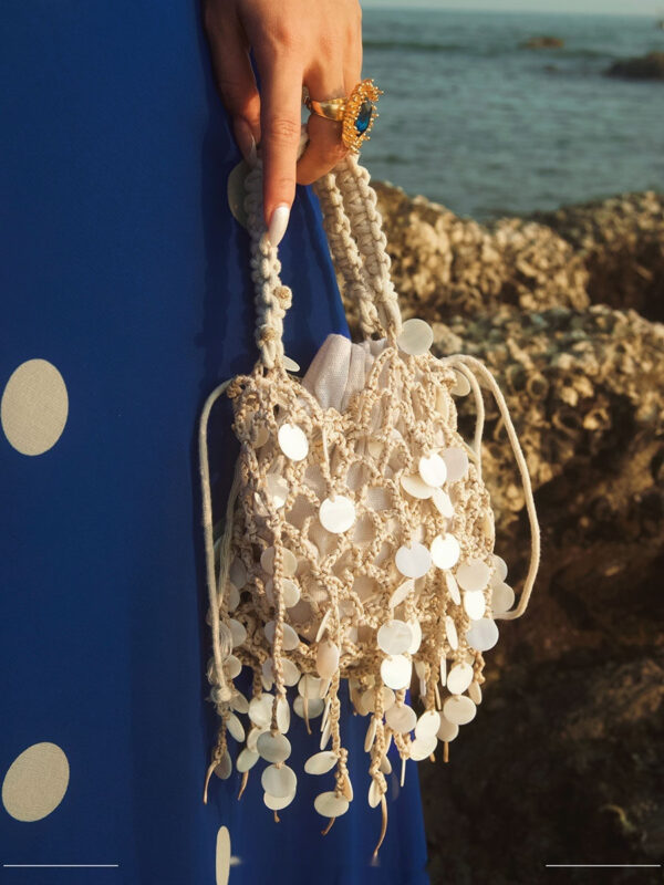 French-style Retro Sequined Woven Tassel Cotton-Linen Shell-shaped Hollow Elegant Clutch Bag - Image 2