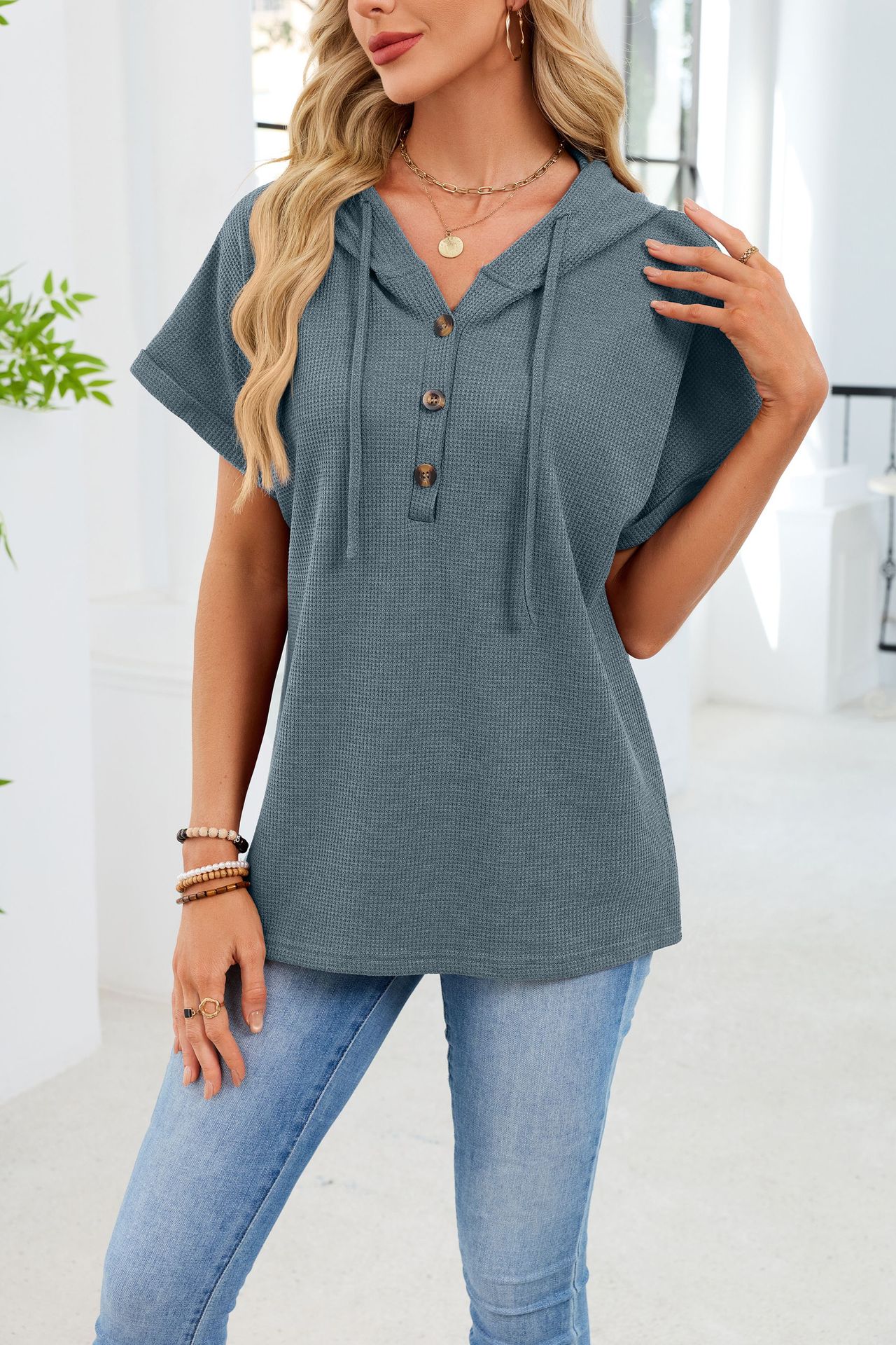 Womens Waffle-Weave Hooded Drawstring Short-Sleeve Top With Buttons - Image 12