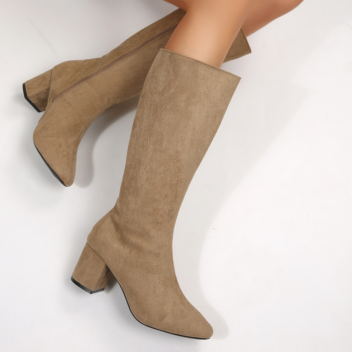 Fashionable Solid-Color Round-Toe Side-Zip Chunky-Heel Womens Over-the-Knee Boots - Image 6