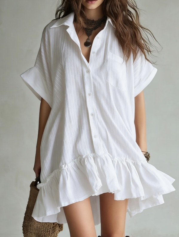 Collared Loose Short-Sleeved Ruffled Shirt Dress - Image 8