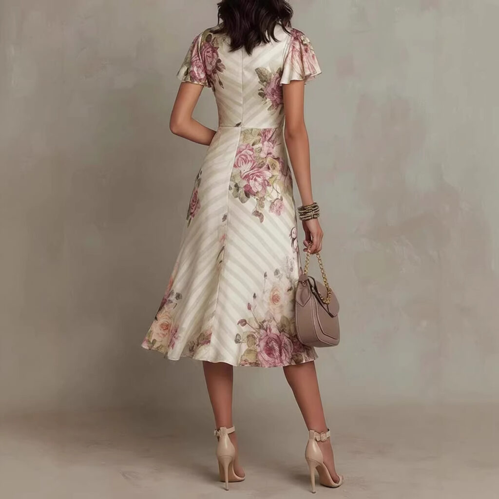 Printed V-neck Defined Waistline Ruffled Hem Dress