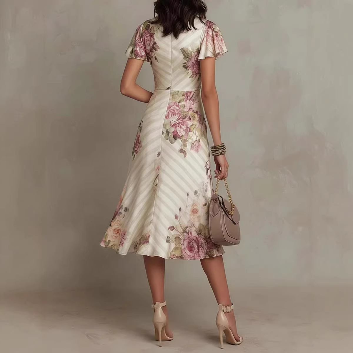 Printed V-neck Defined Waistline Ruffled Hem Dress - Image 4