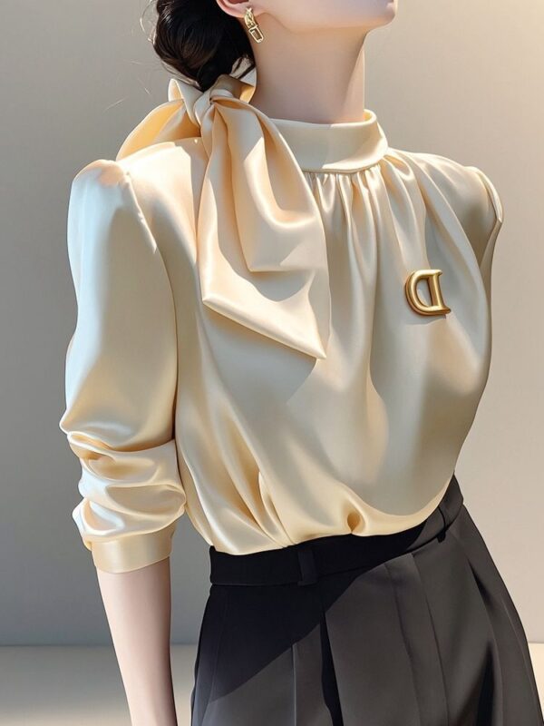 Champagne Satin Long-sleeve Shirt With A Bow-tie Tie-up Top - Image 6