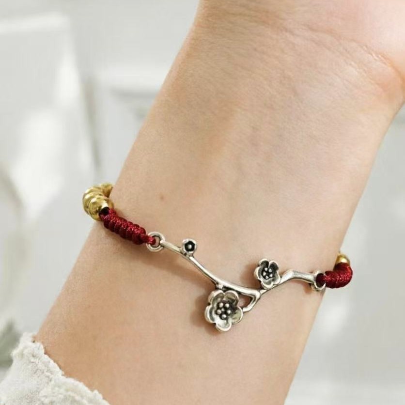 Retro Rose Flower Bracelet Hand-Woven Lucky Zodiac Year Friendship Cord - Image 1