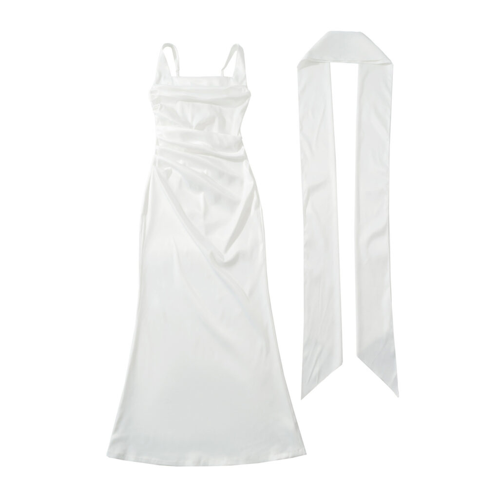 Square Neckline Collarbone-baring Strapless Figure-hugging Pleated Waist-cinching Sheath Skirt