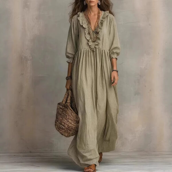 Womens Striped Ruffle-Trimmed Loose High-Waist V-Neck Dress - Image 10