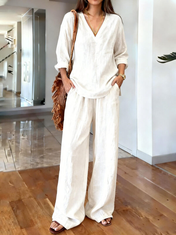 Womens Washed Cotton Multi-Color V-Neck Pullover Long-Sleeve Top And Pants Set - Image 3