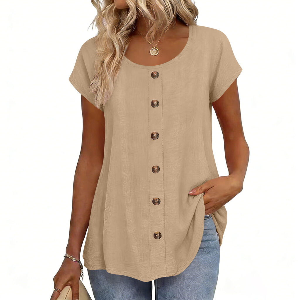 Decorative Girl Button Solid Color Short-Sleeve Crewneck T-Shirt Top