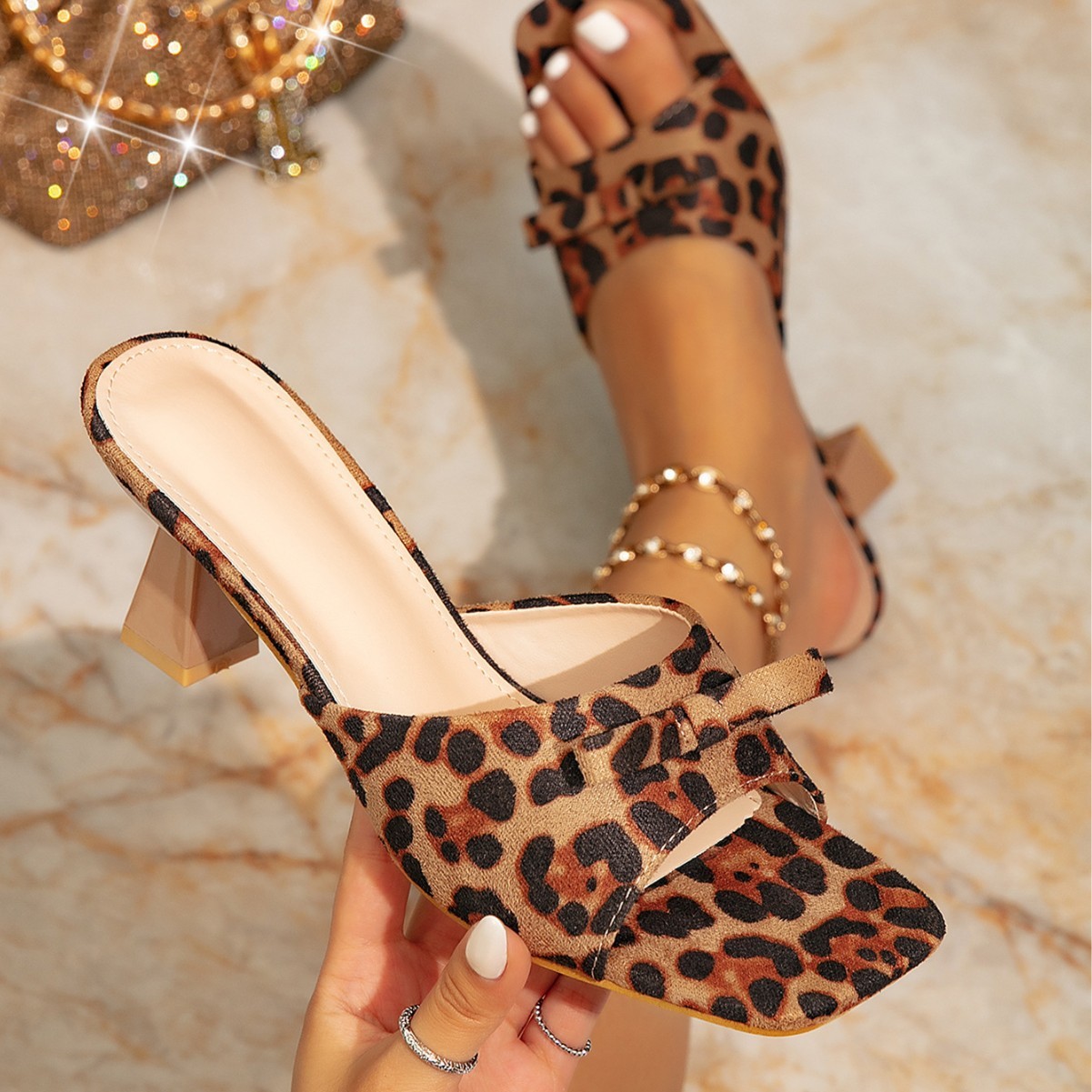Womens Square-toe, Open-toe Leopard-print Chunky-heel Shoes - Image 6
