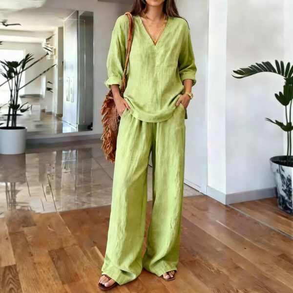 Womens Washed Cotton Multi-Color V-Neck Pullover Long-Sleeve Top And Pants Set - Image 4