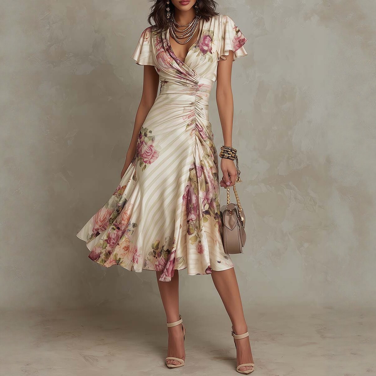 Printed V-neck Defined Waistline Ruffled Hem Dress - Image 1