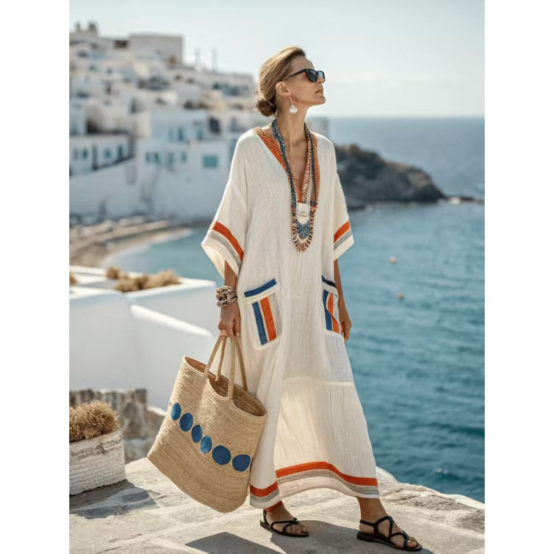 Beach Vacation Long Striped Embroidered Dress - Image 7