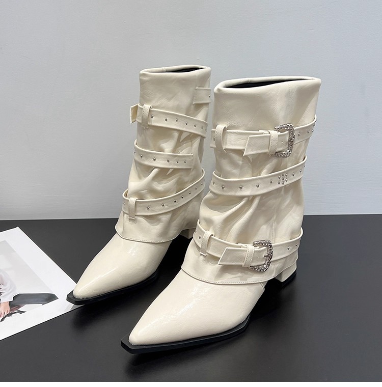 High-heeled Elegant Shaft-style Studded Belt-buckle Fashion Ankle Boots