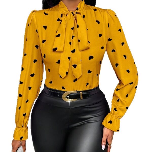 Printed Collared Ruffle-Trimmed Long-Sleeve Womens Shirt - Image 3