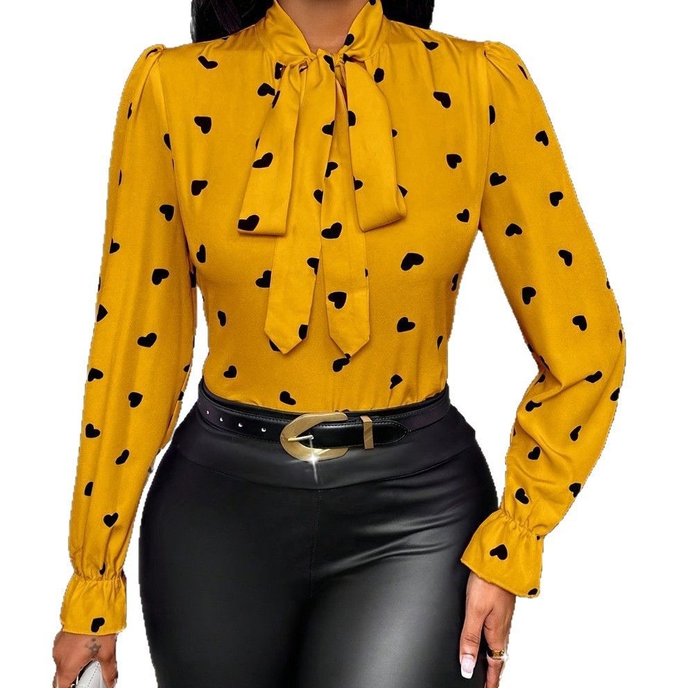 Printed Collared Ruffle-Trimmed Long-Sleeve Womens Shirt - Image 3