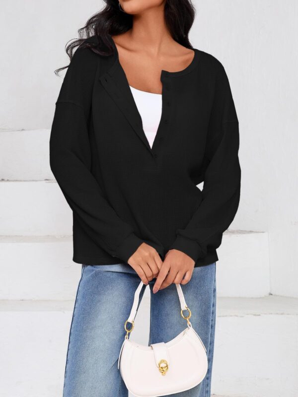 Fisoew Womens Cropped Sweatshirt Casual Waffle Knit Button V Neck Long Sleeve Loose Fit Fall Crop Tops - Image 31
