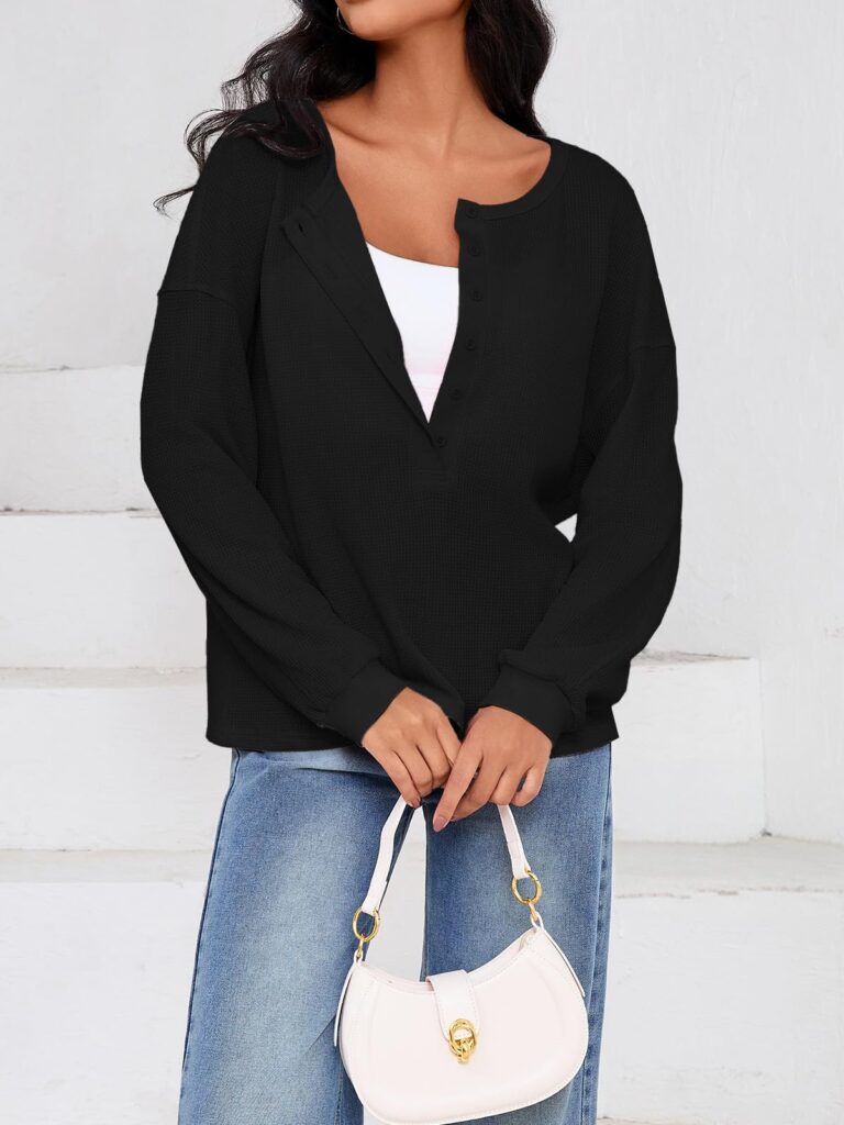Fisoew Womens Cropped Sweatshirt Casual Waffle Knit Button V Neck Long Sleeve Loose Fit Fall Crop Tops