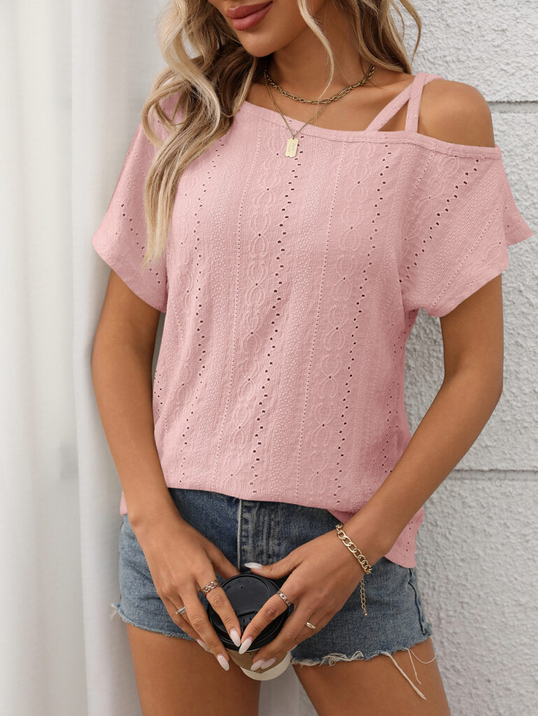 One-shoulder Short-sleeve T-shirt Hollow-out Top For Women
