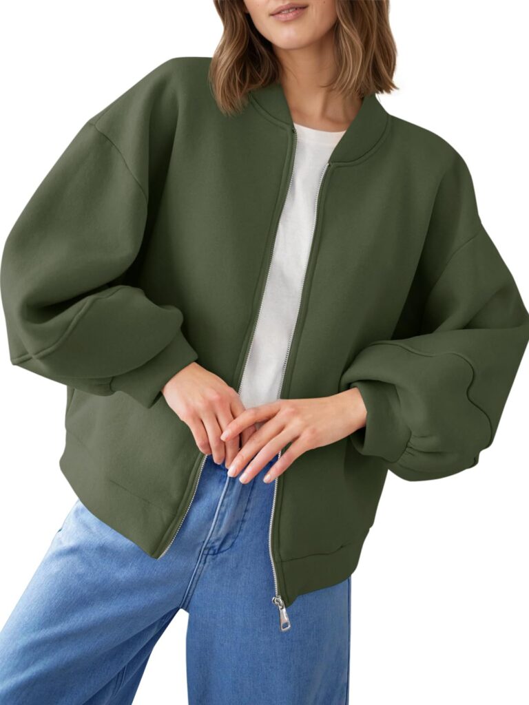 Fisoew Womens Zip Up Sweatshirt Casual Bomber Jacket Lantern Sleeve Oversized Jacket Fall Outfits 2025