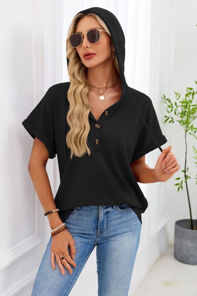 Womens Waffle-Weave Hooded Drawstring Short-Sleeve Top With Buttons